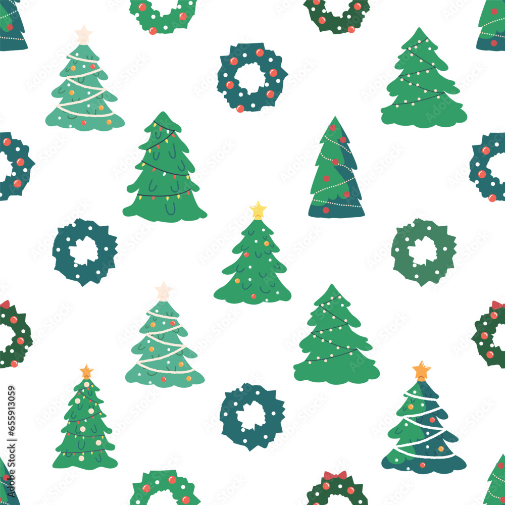 Seamless Pattern Adorned With Whimsical Decorated Christmas Trees And Festive Wreaths. Tile Background, Wallpaper