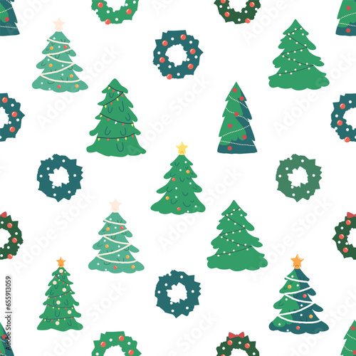 Seamless Pattern Adorned With Whimsical Decorated Christmas Trees And Festive Wreaths. Tile Background, Wallpaper
