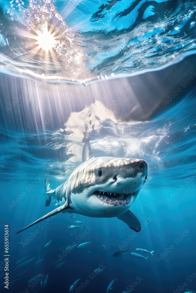 Fototapeta premium Un grand requin blanc, gueule ouverte, nageant, avec les rayons du soleil traversant l'océan.