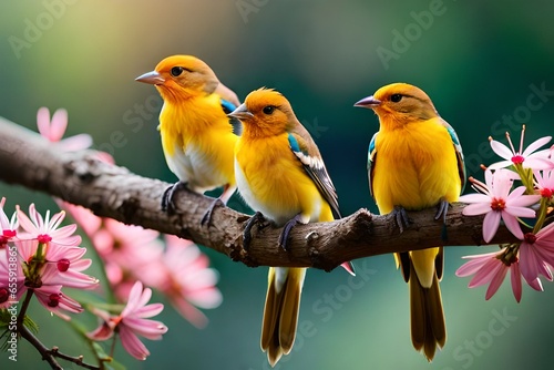 pair of birds on a branch ,Two birds on a branch A bird with a yellow belly sits on a branch.