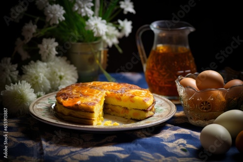 Visually Appealing Culinary Artistry: A Mouthwatering Delight of Äggakaka - Showcasing the Essence of Traditional Swedish Egg Cake in Savory Breakfast Cuisine photo