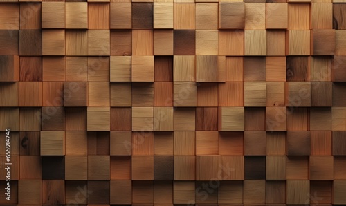 3D Tiles arranged to create a Natural wall. Square  Timber Background formed from Wood blocks. 3D Render  Generative AI