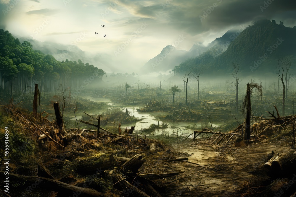 Environnement, un paysage de déforestation, arbres abattus, déchets végétaux, ciel avec de la fumée en arrière-plan.