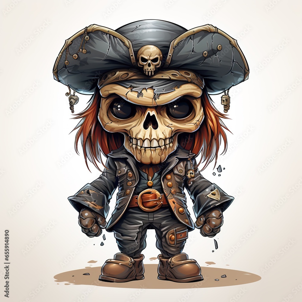 Naklejka premium cuute cartoon pirate skeleton illustration with blue hat