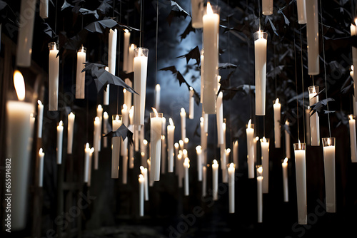 Long white candles float in the air. Halloween decor photo