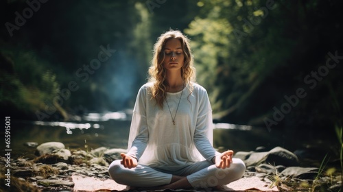Forest Meditation Serenity. In the Heart of Nature, a Woman Practices Meditation, Yoga, and Focused Breathing, Finding Peace and Tranquility in the Forest's Embrace. Nature's Rejuvenation AI Generativ