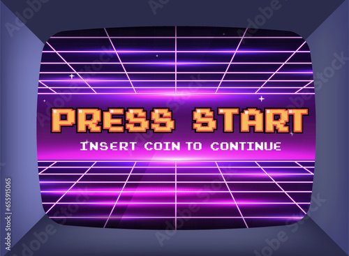 PRESS START INSERT A COIN TO CONTINUE .pixel art .8 bit game.retro game. for game assets .Retro Futurism Sci-Fi Background. glowing neon grid.and stars from vintage arcade computer games