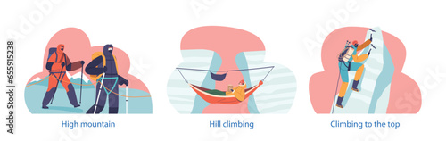 Isolated Elements With Fearless Rock Climbers Scales Towering Cliff And Relax In Hammock On Rocky Cliff, Vector
