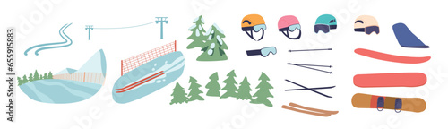 Mountain Slalom Items Set Include Sturdy Skis, High-performance Bindings, Ski Poles, And A Well-fitted Helmet
