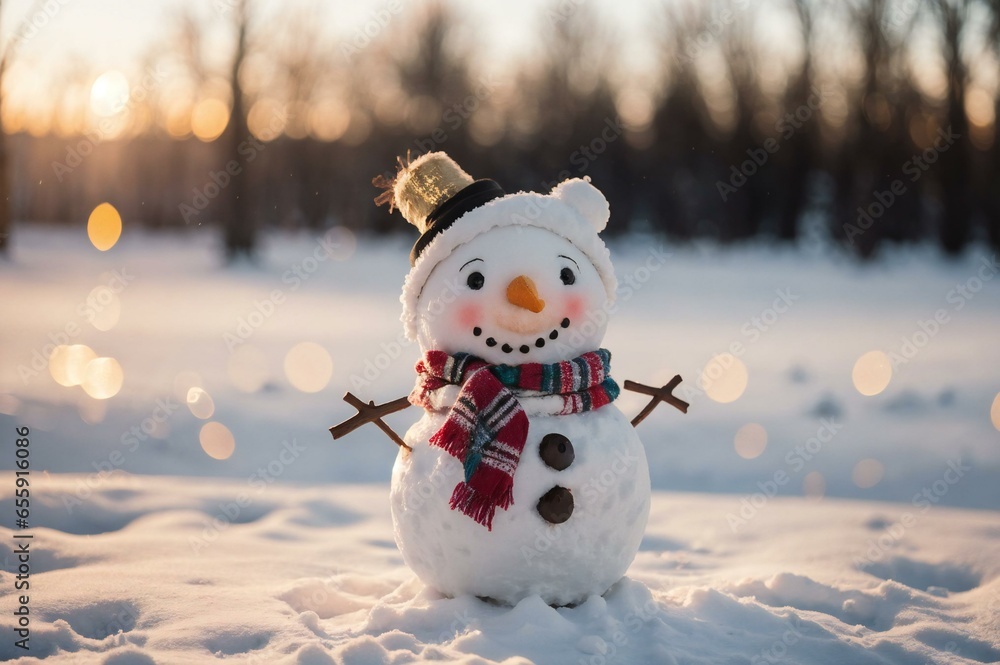Cute snowman on the winter snow, Christmas concept, copy paste text Cute snowman on the winter snow, Christmas concept, copy paste text