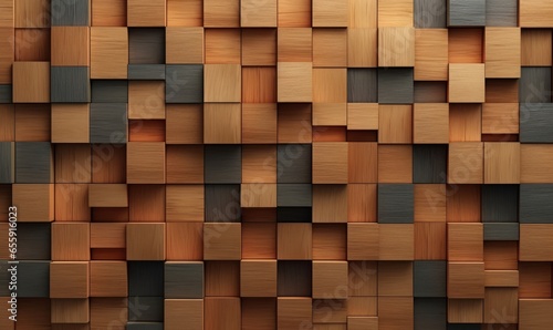 Square  Soft sheen Wall background with tiles. 3D  tile Wallpaper with Wood  Timber blocks. 3D Render  Generative AI