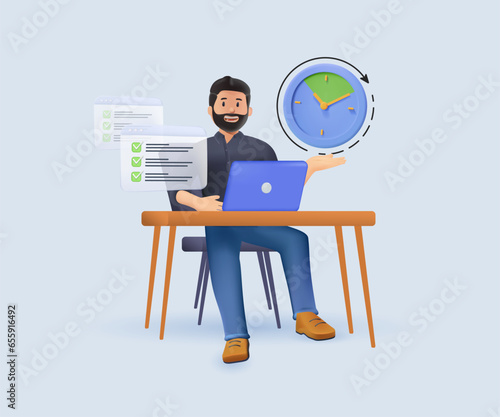 3D people successfully organizing tasks and appointments. Efficient businessman and effective time management, multitasking at work. 3D cartoon vector illustration