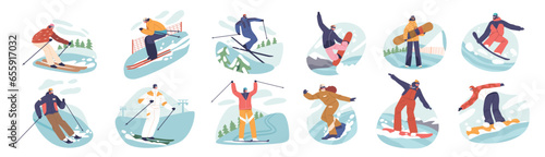 Set Of Slalom Sportsmen Characters Skillfully Navigate Twisting Course, Their Precision And Agility On Full Display