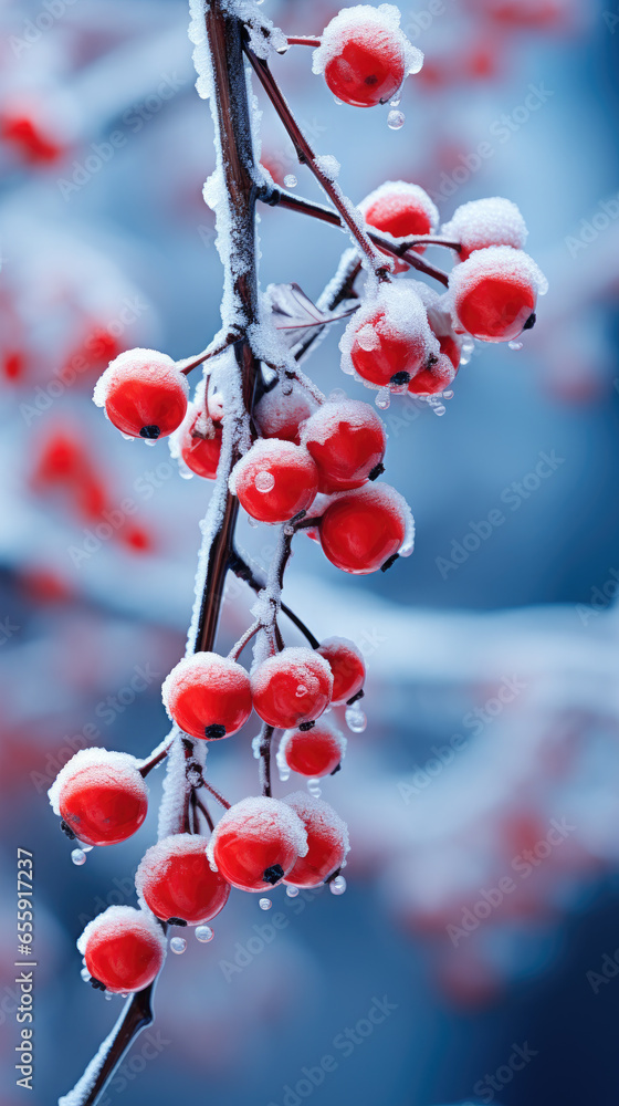 Frozen red berries hanging on branches in nature. Winter plants covered with snow Frozen red berries hanging on branches in nature. Winter plants covered with snow