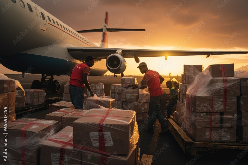 Humanitarian Heroes Unite. Workers Loading an Airplane with Supplies During a Crisis. Acts of Solidarity in Times of Need 

 - obrazy, fototapety, plakaty 