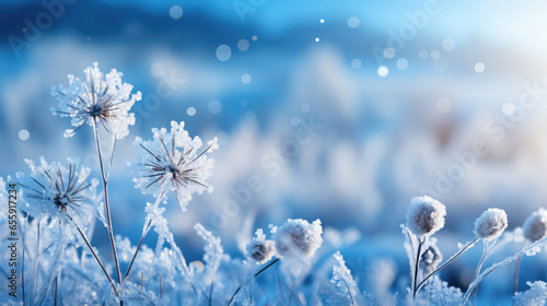 Frozen wild flowers in nature. Winter plants covered with snow. Snowy blue landscape