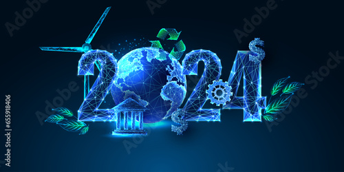 Sustianable development goals for 2024, New Year web banner in futuristic style on blue background