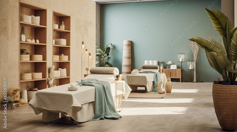 Beauty salon in modern minimalist style with soft sandy colors. Banner - obrazy, fototapety, plakaty 