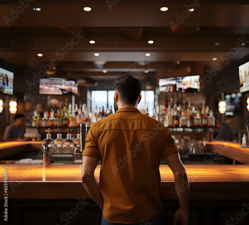 In the dimly lit ambiance of a bar  an anonymous man with his back turned to the camera waits for the bar tender before choosing a drink.