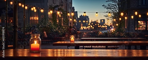 City nightlife. Empty wooden table in cafe. Sipping in shadows. Night at bar. Urban elegance. Modern experience. Quiet evening