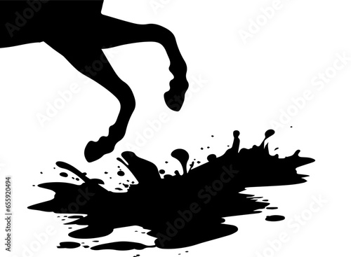 Running horse legs with hooves close-up and puddle of mud with splashes flying from under hooves. Black vector silhouette isolated on white. Traces of horse, mustang running at gallop. Icon, emblem