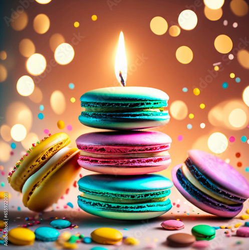 Drei bunte Macarons aufeinander gestapelt zu einer Geburtstagstorte, eine brennende Kerze oben drauf, zwei weitere Macarons, Schokolinsen, Konfetti und Lichter drumherum, horizontal, KI-generiert
