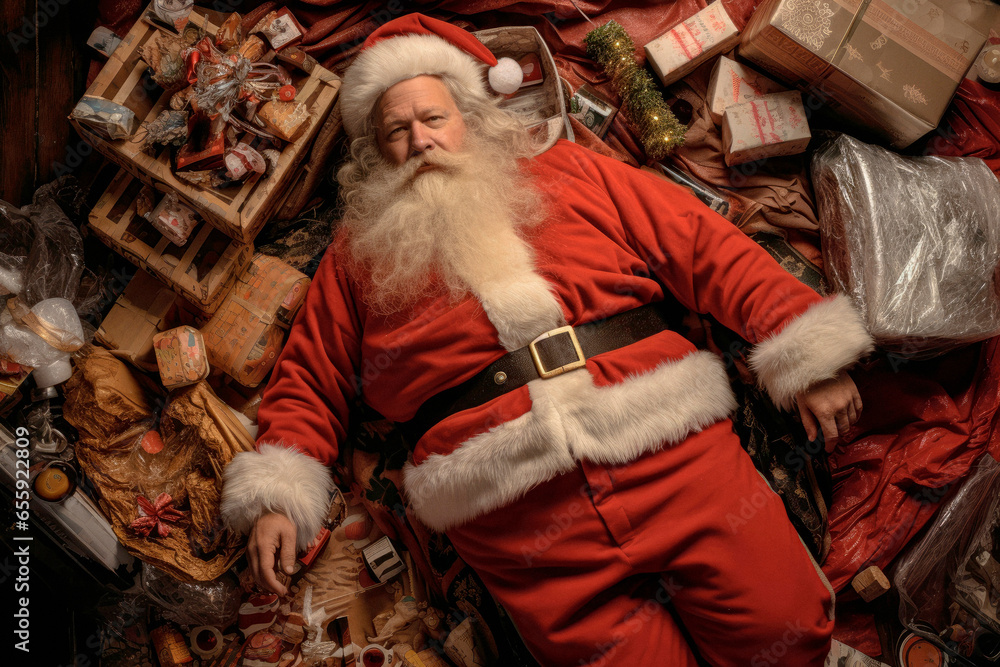 Holiday Fatigue at Santa's Tasks. Santa Claus Finds Tranquility in a Nap, Surrounded by Christmas Letters. Recharging for the Holiday Rush

