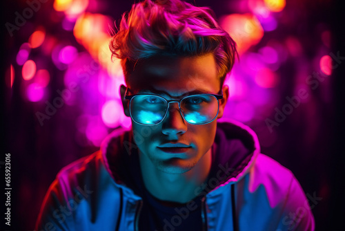 Generative AI image of nice smiling guy dancing chilling in nightclub with neon bright illumination on blurred background © deagreez