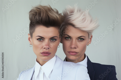 Picture of female and male friends lgbt models couple in magazine editorial beauty photo background generative ai.