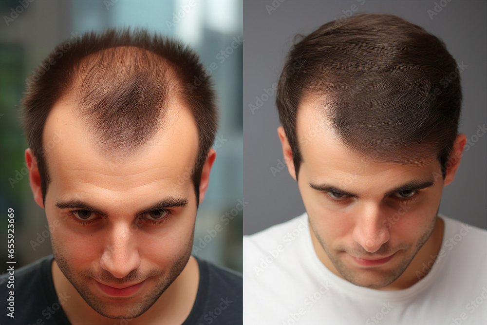 Generative AI collage two photos comparison before after anti hair loss procedure hair treatment Generative AI collage two photos comparison before after anti hair loss procedure hair treatment