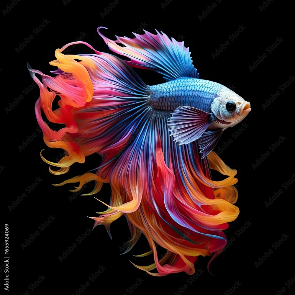 Colorful fighting fish have beautiful tails and fins. AI generated illustrations.
