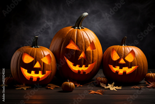 Colorful halloween pumpkins decorations with scary faces Generative AI picture