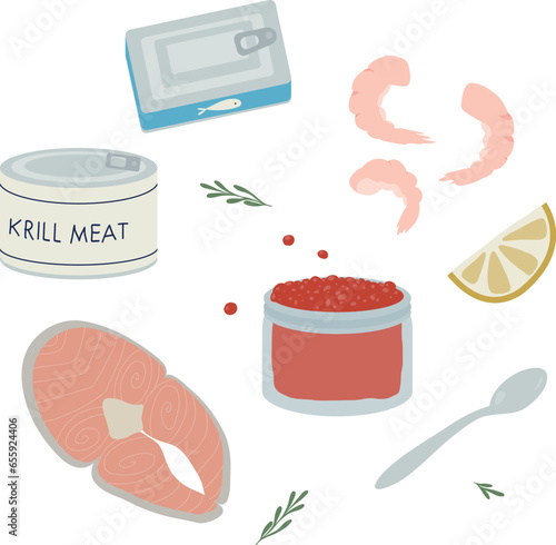 Products of sea. Krill meat, shrimp, caviar, canned tuna, salmon, lemon, greens, spoon. Set of vector illustrations