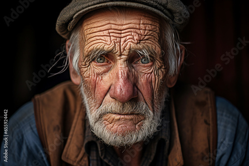 Close up photography of elderly poor sad depressed man with a wrinkled face generated ai modern technology