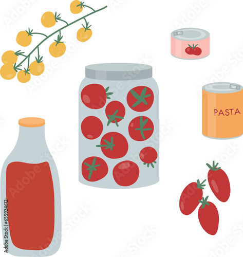 Grocery. Tomatoes, yellow cherry tomatoes, tomato paste, tomato juice, canned tomatoes. Tin and glass containers. Vector illustration on a transparent background