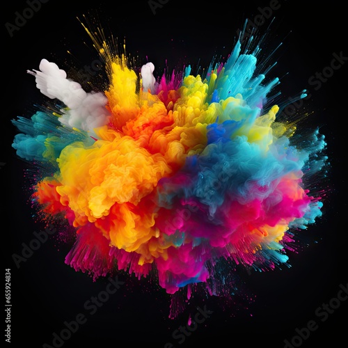 An explosion of colorful dust spreads in all directions on a black background. AI generated illustration. photo