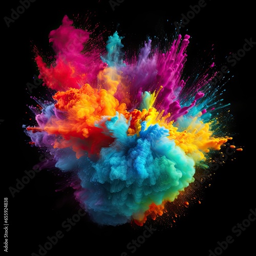 An explosion of colorful dust spreads in all directions on a black background. AI generated illustration.