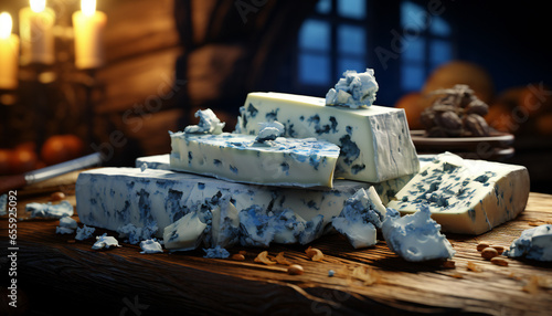 Still life of pieces of bleu de gex or blue cheese. Illustration AI photo