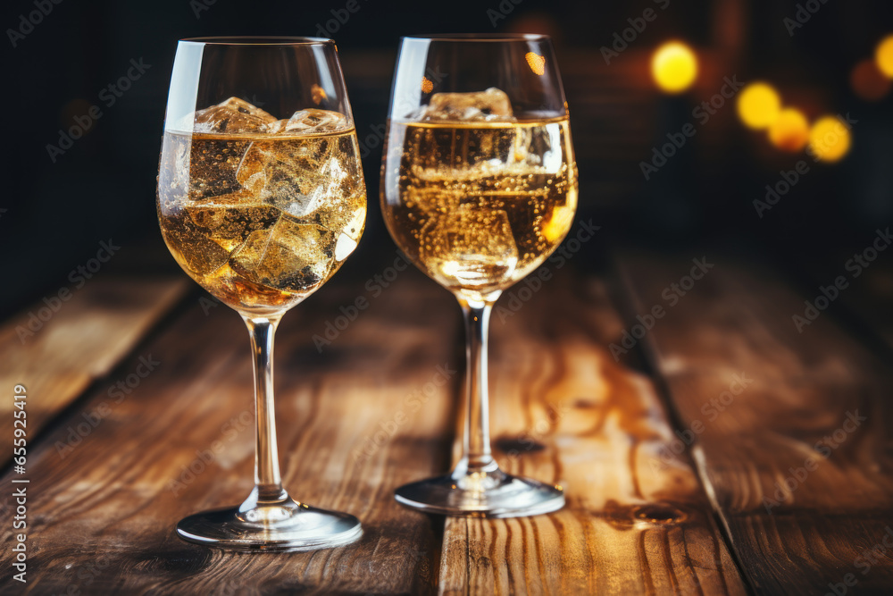 Champagne with ice cubes in glasses on wooden table Champagne with ice cubes in glasses on wooden table