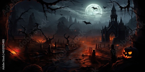 Fantasy spooky halloween night. Beware haunted house. Eerie forest adventures. Trick or treat. Midnight delight. Creepy castle in moonlight