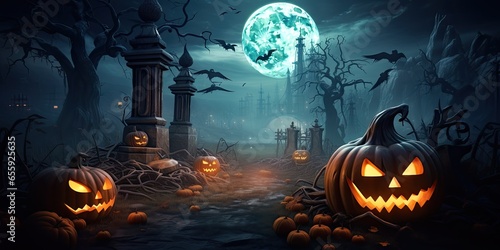 Fantasy spooky halloween night. Beware haunted house. Eerie forest adventures. Trick or treat. Midnight delight. Creepy castle in moonlight