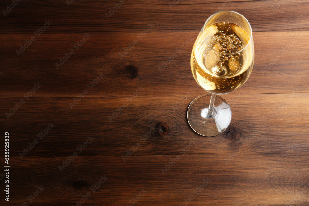 A Glass of champagne on wooden table
