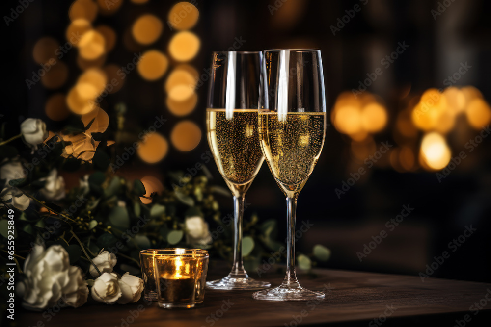 A Glass of champagne on wooden table A Glass of champagne on wooden table
