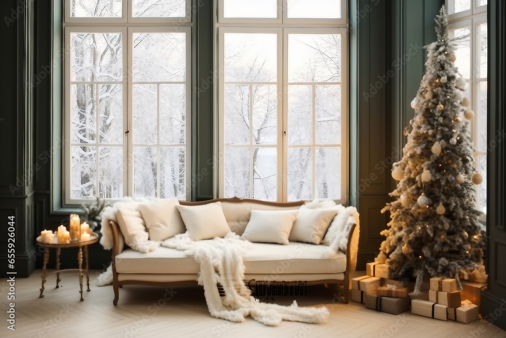 Christmas decor. Bright interior of the living room with large Windows, elegant Christmas tree with toys and garlands and a soft cozy sofa.generative ai. Christmas decor. Bright interior of the living room with large Windows, elegant Christmas tree with toys and garlands and a soft cozy sofa.generative ai.