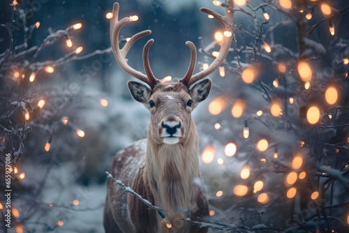 Festive Reindeer Radiance. A Reindeer in a Christmas Hat with Magical Bokeh Lights in the Background Sets the Scene for a Cheerful Holiday Celebration. Whimsical Holiday