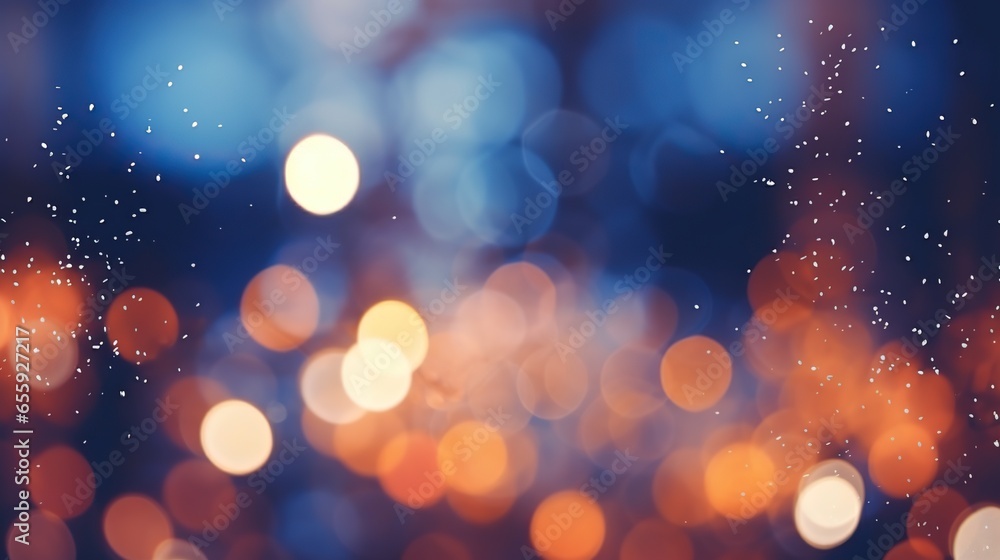 Yellow and orange lights on a blue background in defocus. Abstract bokeh backdrop. New year and Christmas background footage.