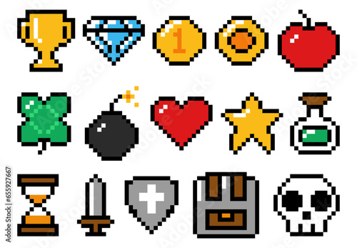 Set of pixel retro game icons. 8 bit objects collection isolated on white background.