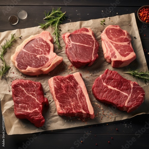 Uncooked Culinary Treasures. Succulent Raw Steaks and Premium Cuts of Beef Spotlight Excellence in Culinary Artistry and Gourmet Quality. Gastronomic Mastery 