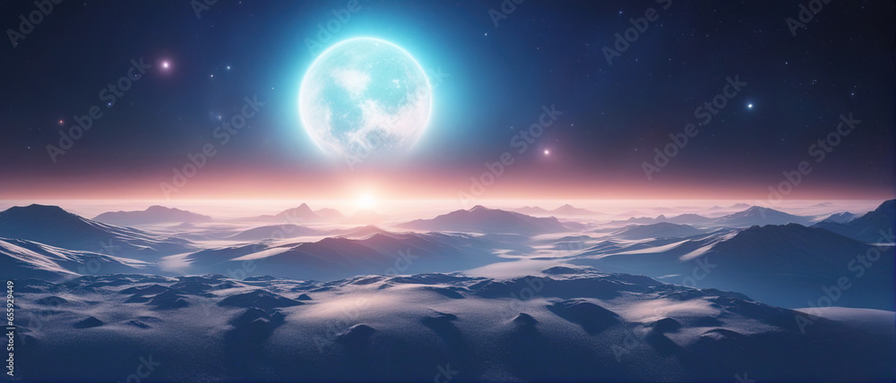 Wide-angle shot of an alien planet landscape. Breathtaking panorama of a frost snowy planet with strange rock formations. Fantastic extraterrestrial landscape. Sci-fi wallpaper. Wide-angle shot of an alien planet landscape. Breathtaking panorama of a frost snowy planet with strange rock formations. Fantastic extraterrestrial landscape. Sci-fi wallpaper.