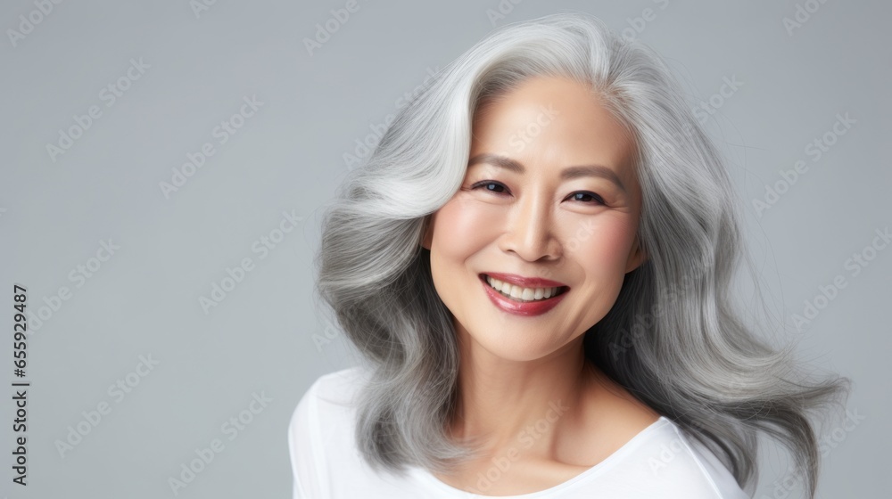 Beautiful mid aged mature asian woman with grey hair. Mature healthy old lady skincare, makeup and cosmetics, health care, mental health Beautiful mid aged mature asian woman with grey hair. Mature healthy old lady skincare, makeup and cosmetics, health care, mental health